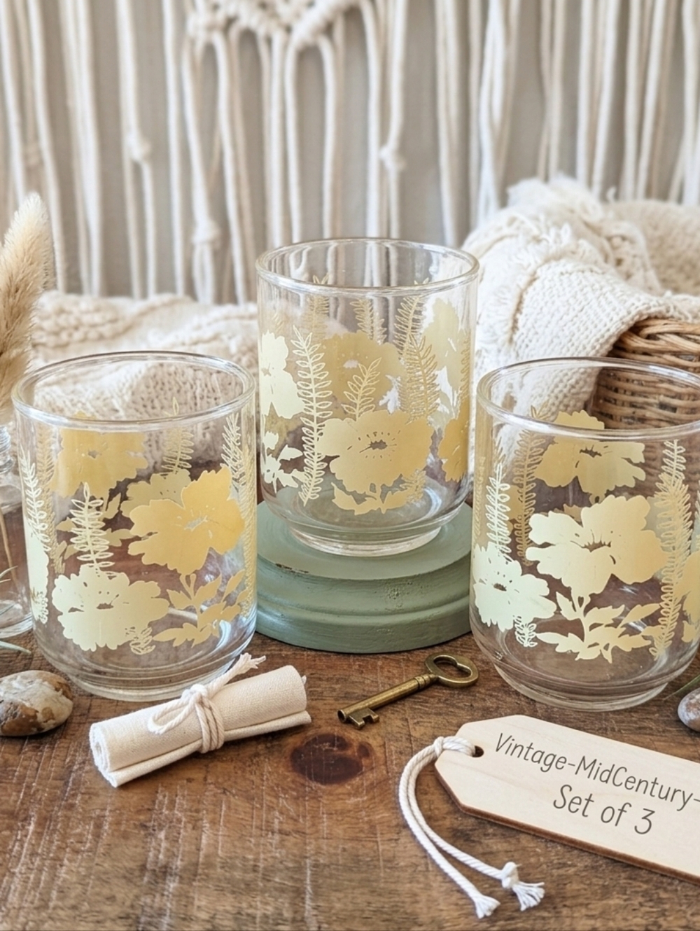 Vintage Will Be Floral Drinking Glasses Fern Hibiscus Pattern Excellent Conditio